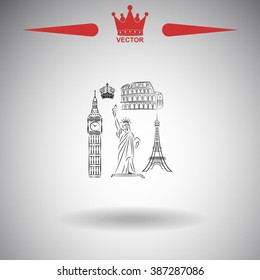 The tower of big Ben. Statue Of Liberty. Great Colosseum, Rome, Italy. Landmark set vector icons.