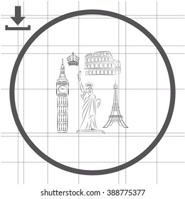 The tower of big Ben. Statue Of Liberty. Great Colosseum, Rome, Italy. Landmark set vector icons.
