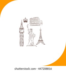 The tower of big Ben. Statue Of Liberty. Great Colosseum, Rome, Italy. Landmark set sign. Brown icon on white background