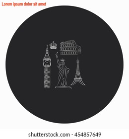 The tower of big Ben. Statue Of Liberty. Great Colosseum, Rome, Italy. Landmark set web icon. Gray circle button with white illustration.