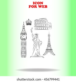 The tower of big Ben. Statue Of Liberty. Great Colosseum, Rome, Italy. Landmark set web icon. Black illustration on white background