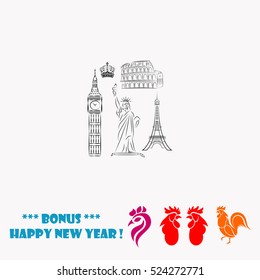 The tower of big Ben. Statue Of Liberty. Great Colosseum, Rome, Italy. Landmark set vector icon