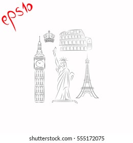 The tower of big Ben. Statue Of Liberty. Great Colosseum, Rome, Italy. Landmark set grey icon.