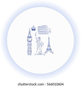 The tower of big Ben. Statue Of Liberty. Great Colosseum, Rome, Italy. Landmark set  icon. Vector design.