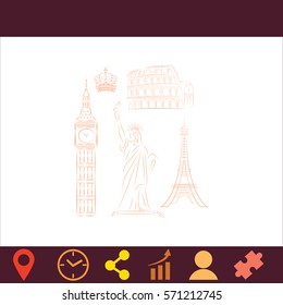 The tower of big Ben. Statue Of Liberty. Great Colosseum, Rome, Italy. Landmark set  icon. Vector design.