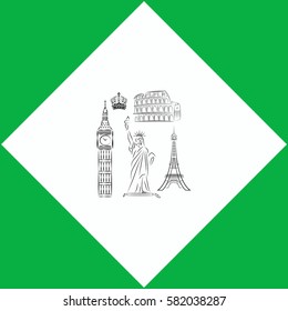 The tower of big Ben Statue Of Liberty. Great Colosseum, Rome, Italy. Landmark set  icon. Vector design.