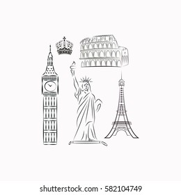 The tower of big Ben Statue Of Liberty. Great Colosseum, Rome, Italy. Landmark set  icon. Vector design.