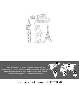 The tower of big Ben. Statue Of Liberty. Great Colosseum, Rome, Italy. Landmark set vector  icon.