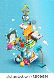 A tower of books with reading people.  Educational concept. Online library. Online education isometric flat design on blue background. Vector illustration