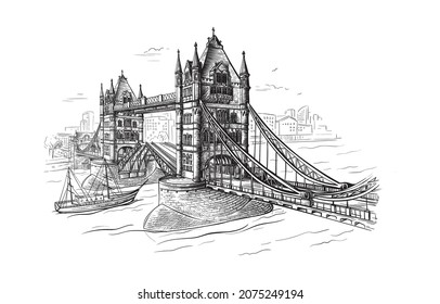 Tower Bridge with a floating ship hand-drawn engraving