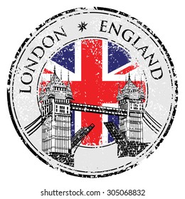 Tower Bridge grunge stamp with flag, vector illustration , London vector hand drawn illustration