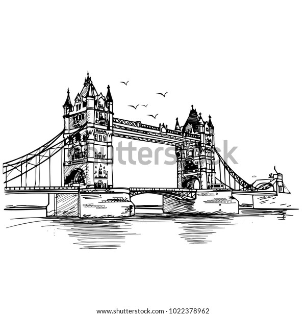 タワーブリッジの手作りのイラストまたはベクター画像 川の向こうの美しい目印 ロンドンのタワーの近くにある テムズ川を渡るロンドンタワーブリッジ のベクター画像素材 ロイヤリティフリー