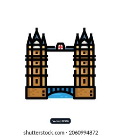 Tower Bridge icon. Travel landmarks and destinations icons. Vector icon set representing global tourist landmarks and travel destinations for vacations.