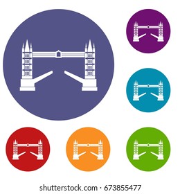Tower bridge icons set in flat circle reb, blue and green color for web