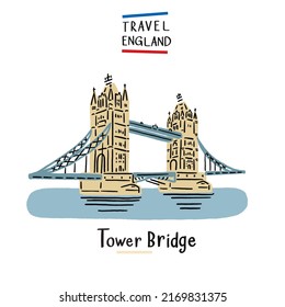 Tower bridge Landmark London UK Hand drawn color Illustration