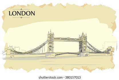 Tower Bridge Landscape of London. Vector Hand-drawn Sketch Illustration.Vector drawing, freehand vintage illustration