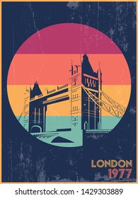 Tower Bridge, London 1977 Vintage Poster Stylization, Retro Colors, Grunge Texture