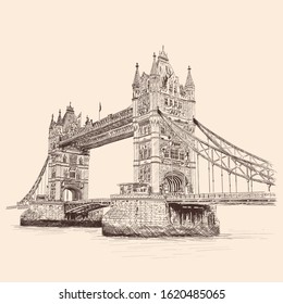 Tower Bridge in London across the River Thames. Pencil sketch on a beige background.