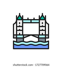 Tower Bridge, London city landscape flat color line icon.