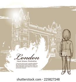 Tower Bridge, London, England, UK. Hand Drawn Illustration. Vector vintage background.