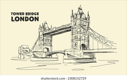 Tower Bridge, London, England, UK. Hand Drawn Illustration. Vector vintage background. Line art.