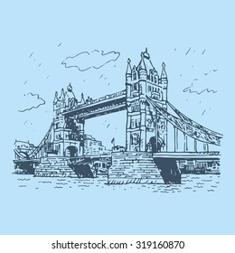 Tower Bridge, London, England, UK. Hand Drawn Illustration. 