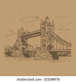 Tower Bridge, London, England, UK. Hand Drawn Illustration.