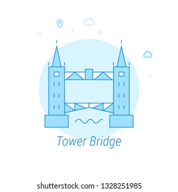 Tower Bridge, London Flat Vector Icon. Historical Landmarks Related Illustration. Light Flat Style. Blue Monochrome Design. Editable Stroke. Adjust Line Weight. Design with Pixel Perfection.