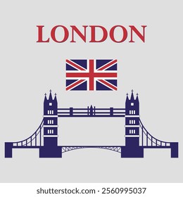 Tower Bridge in London flat vector icon. Cartoon illustration of landmark or tourist attraction with a british flag on the light grey background.