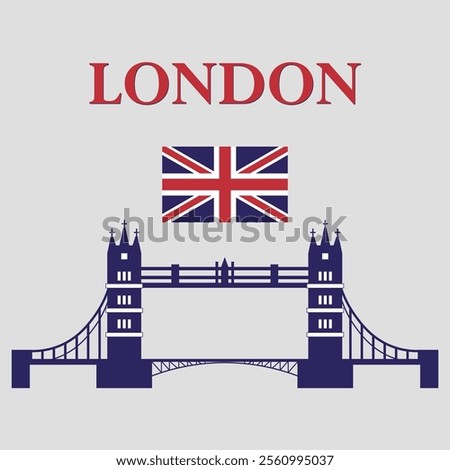 Tower Bridge in London flat vector icon. Cartoon illustration of landmark or tourist attraction with a british flag on the light grey background.