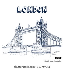 Tower Bridge in London. Hand drawn sketch illustration isolated on white background