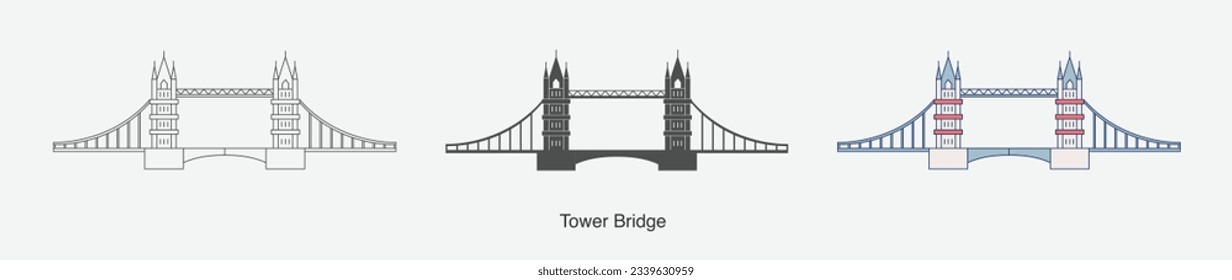 Tower Bridge in London icon in different style vector illustration. Tower Bridge vector icons designed filled, outline, line and stroke style for mobile concept and web design. 
