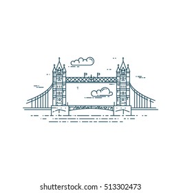 Tower Bridge in London. Modern flat line vector illustration. Thames river.