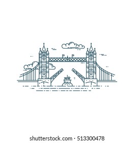 Tower Bridge in London raised. Modern flat line vector illustration. Ship on Thames river.