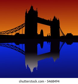 Tower Bridge London reflected in River Thames at sunset