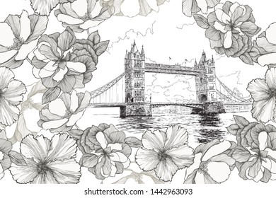 Tower Bridge in London with roses and hibiscuses, seamless pattern. Hand-drawn, vector illustration