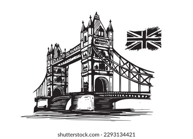 Tower bridge, London, sketch, hand drawn style.