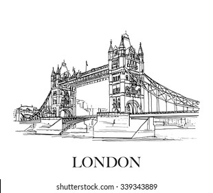 Tower Bridge, London, UK. Hand drawn sketch on paper.