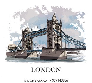 TOWER BRIDGE, LONDON, UK: Panoramic view to the Tower Bridge, iconic symbol of London. Hand drawn sketch, illustration. Poster, postcard, calendar