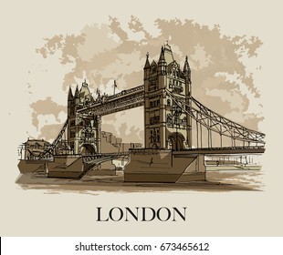 TOWER BRIDGE, LONDON, UK: Panoramic view to the Tower Bridge, iconic symbol of London. Hand drawn sketch, illustration. Poster, postcard, calendar