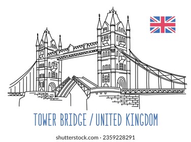 Tower Bridge, London, United Kingdom. Vector sketch drawing. Illustration isolated on white background. Outline stroke is not expanded, stroke weight is editable