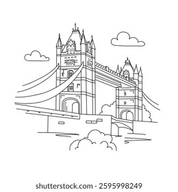 Tower Bridge, London, United Kingdom. Vector drawing sketch. Illustration isolated on white background. Line art