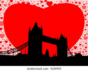 Tower Bridge London with valentines hearts illustration