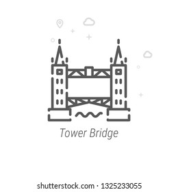 Tower Bridge, London Vector Line Icon. Historical Landmarks Symbol, Pictogram, Sign. Light Abstract Geometric Background. Editable Stroke. Adjust Line Weight. Design with Pixel Perfection.