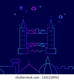 Tower Bridge, London Vector Line Illustration. Historical Landmarks Gradient Icon, Symbol, Pictogram, Sign. Dark Blue Background. Light Abstract Geometric Background. Related Bottom Border