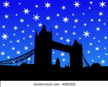 Tower Bridge London in winter with falling snow