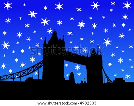 Tower Bridge London in winter with falling snow