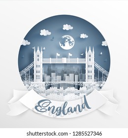 Tower bridge London,World famous landmark of England with white frame and label. Travel postcard and poster, brochure, advertising Vector illustration.