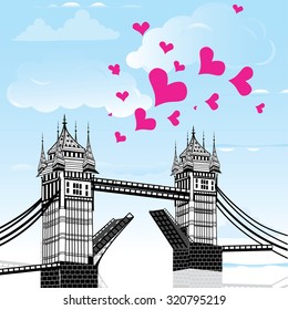 Tower Bridge with love heart as concept travel, London vector hand drawn illustration