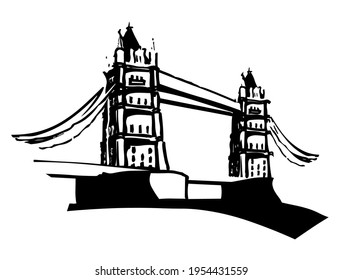 Tower Bridge sobre el río Támesis en Londres, Inglaterra, Reino Unido, famoso espectáculo turístico y atracción, vector, símbolo, ilustración en color negro y blanco, aislado en fondo blanco